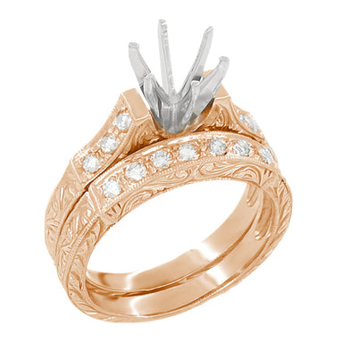 Rose Gold Art Deco Engraved Scrolls Vintage Engagement Ring Setting for a 1 Carat Round Diamond with a Matching Diamond Wedding Ring - R628R
