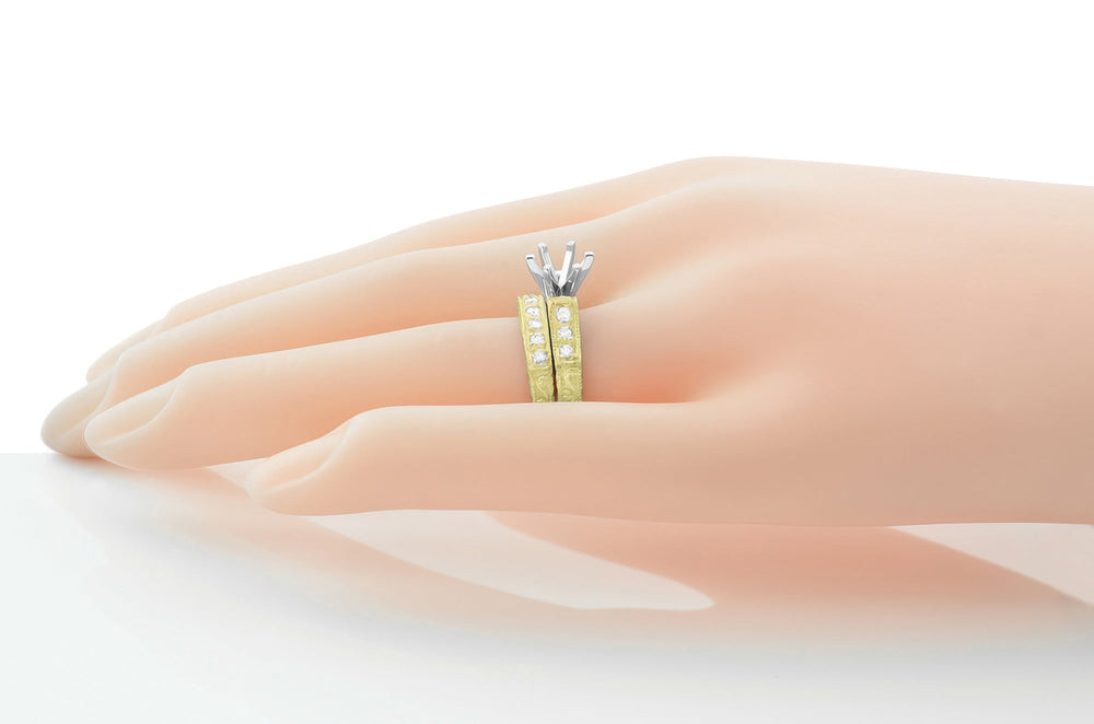 Yellow Gold Art Deco Engraved Scrolls Round 1 Carat Diamond Engagement Ring Setting and Matching Wedding Ring - 14K or 18K - Item: R628Y14-LC - Image: 3