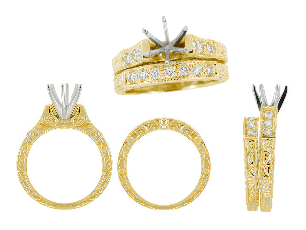 Yellow Gold Art Deco Engraved Scrolls Round 1 Carat Diamond Engagement Ring Setting and Matching Wedding Ring - 14K or 18K - Item: R628Y14-LC - Image: 2