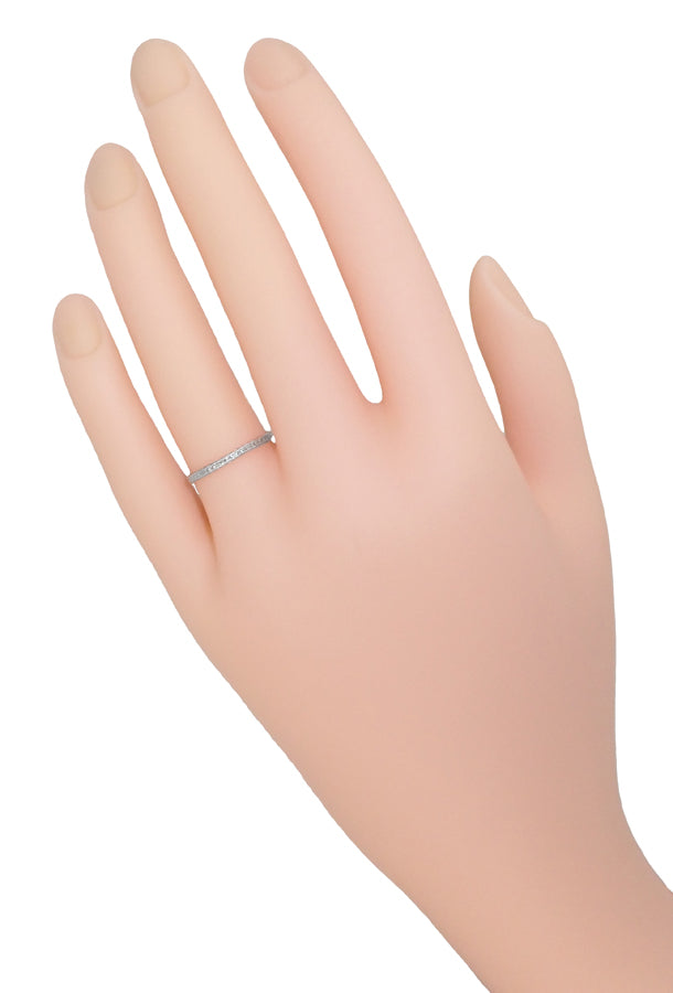 Art Deco Hand Engraved Very Thin Wheat Wedding Band in 14 Karat White Gold - Item: R633 - Image: 3
