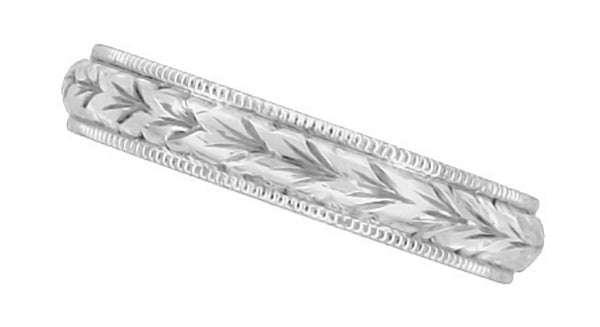 Art Deco 4mm Wide Carved Wheat Platinum Wedding Ring  - Hand Engraved - Item: R636P - Image: 2