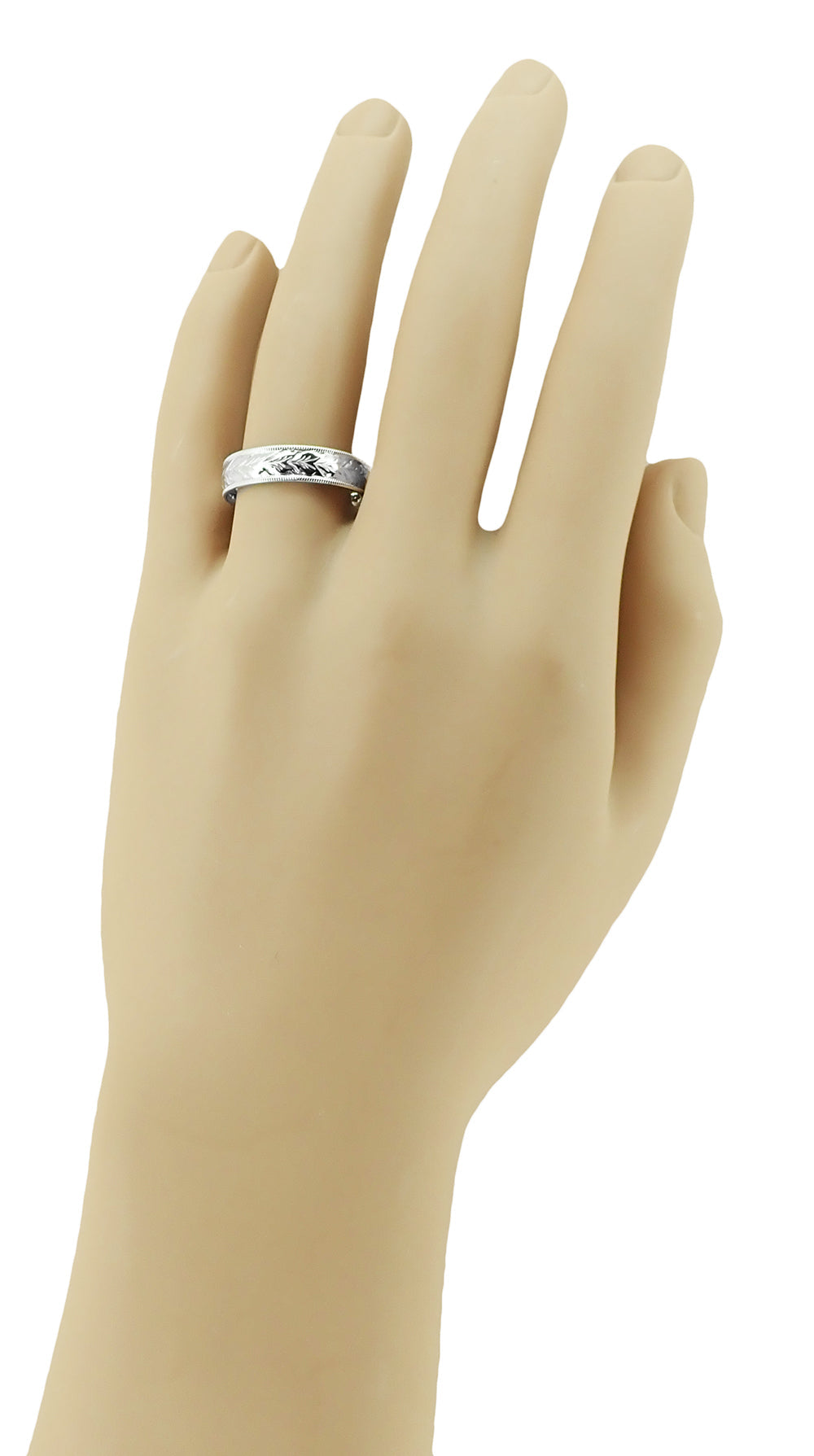 Comfort Fit 6mm Wide Art Deco Millgrain Edge Hand Engraved Wheat Antique Style Wedding Ring in White Gold - Item: R636W6MMCF - Image: 4