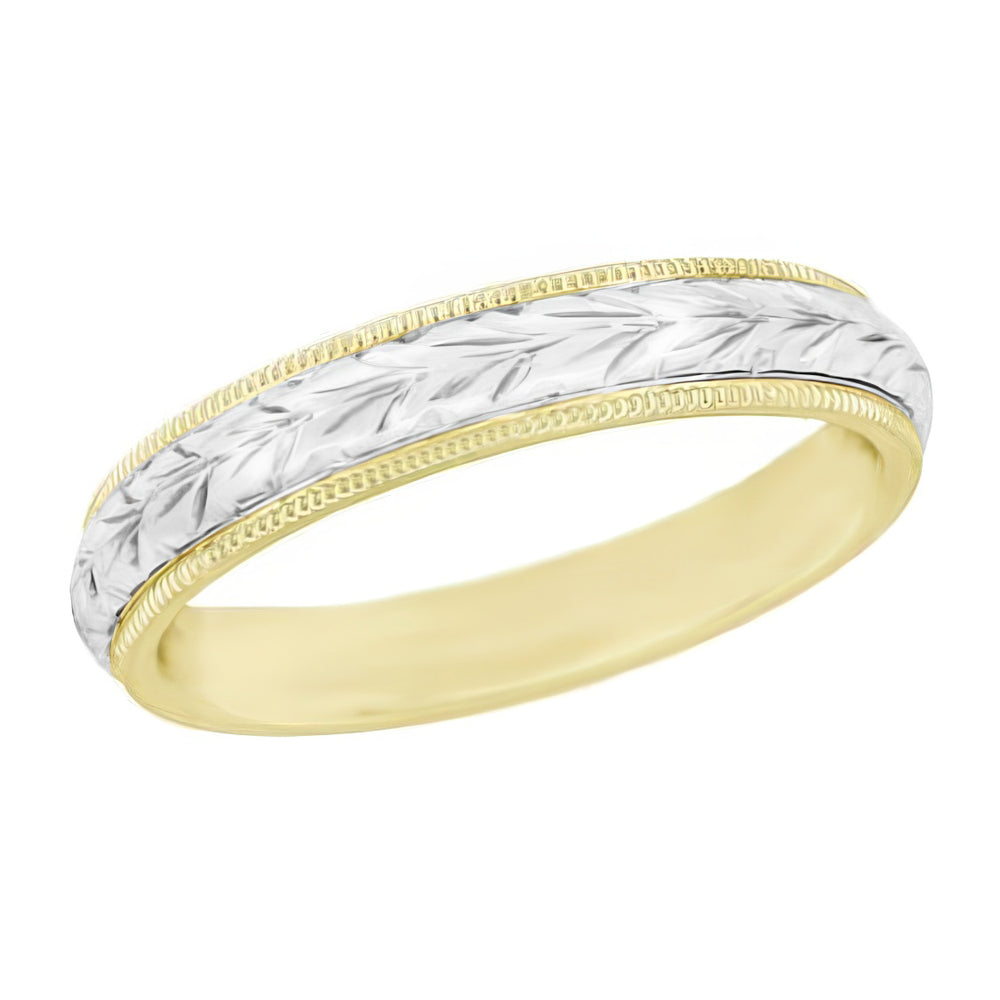 Hand Carved Wheat Two Tone Wedding Ring - Antique Engraved Art Deco - White Gold Center with Milgrain Yellow Gold Edges - 4mm -  R636YWY
