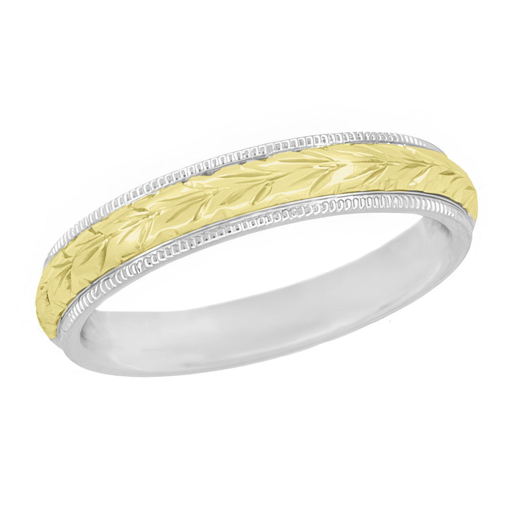 4mm Wide Hand Engraved Mixed Metals Wedding Band - Vintage Design Wheat Pattern Art Deco Era - Yellow Gold Center with White Gold Edges
