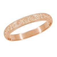 Antique Style Art Deco Sunflowers Wedding Band in 14 Karat Rose Gold - 4mm Wide