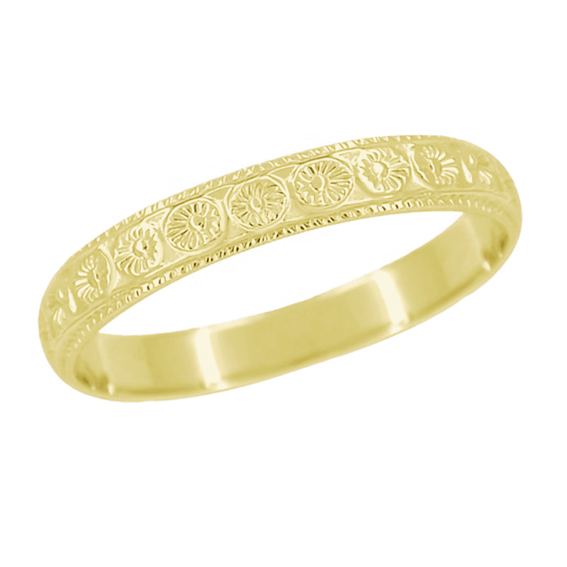 Yellow Gold 1920's Art Deco Sunflowers Wedding Band with Milgrain Borders - 4mm Wide