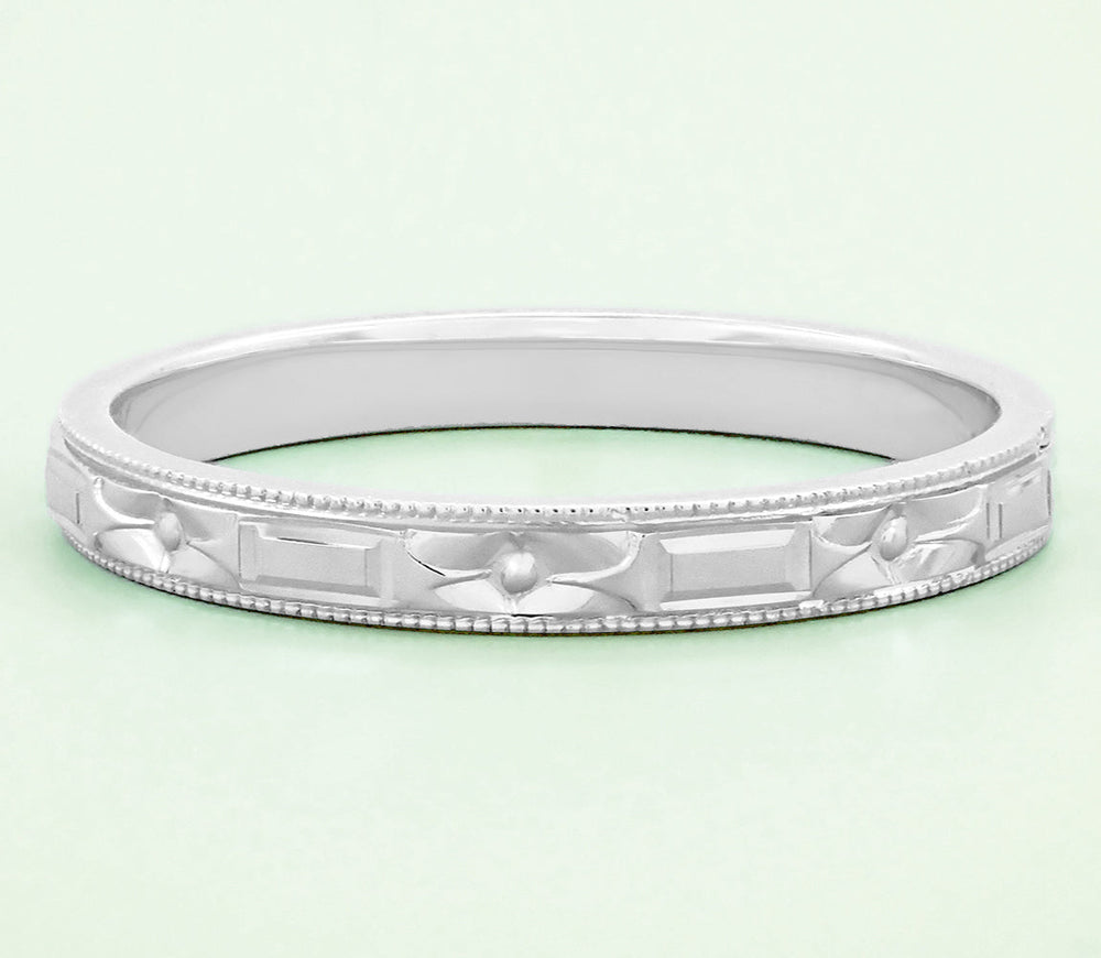 Art Deco Flowers and Bars Wedding Ring in White Gold - Item: R638W10 - Image: 2