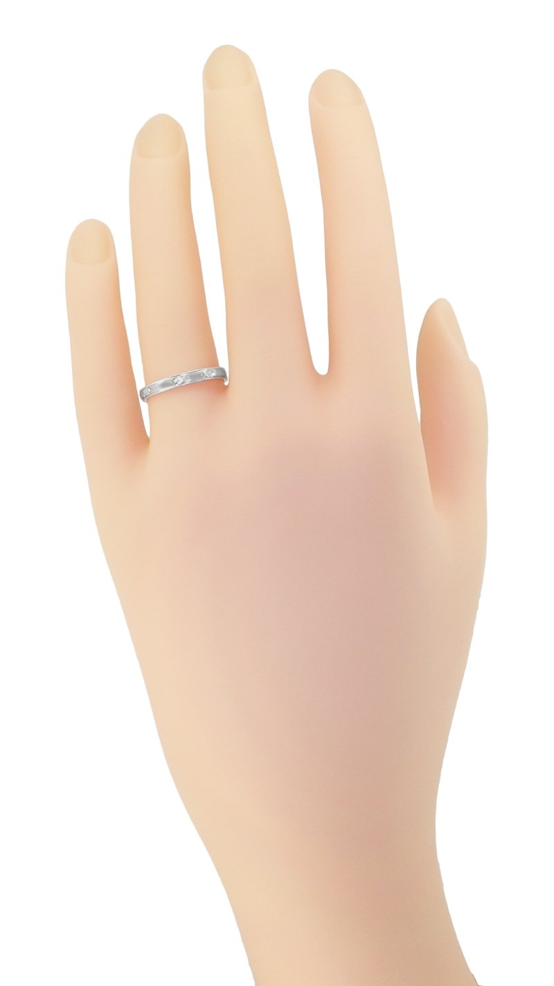 R638 On Hand - Art Deco Flowers and Bars White Gold Vintage Wedding Ring