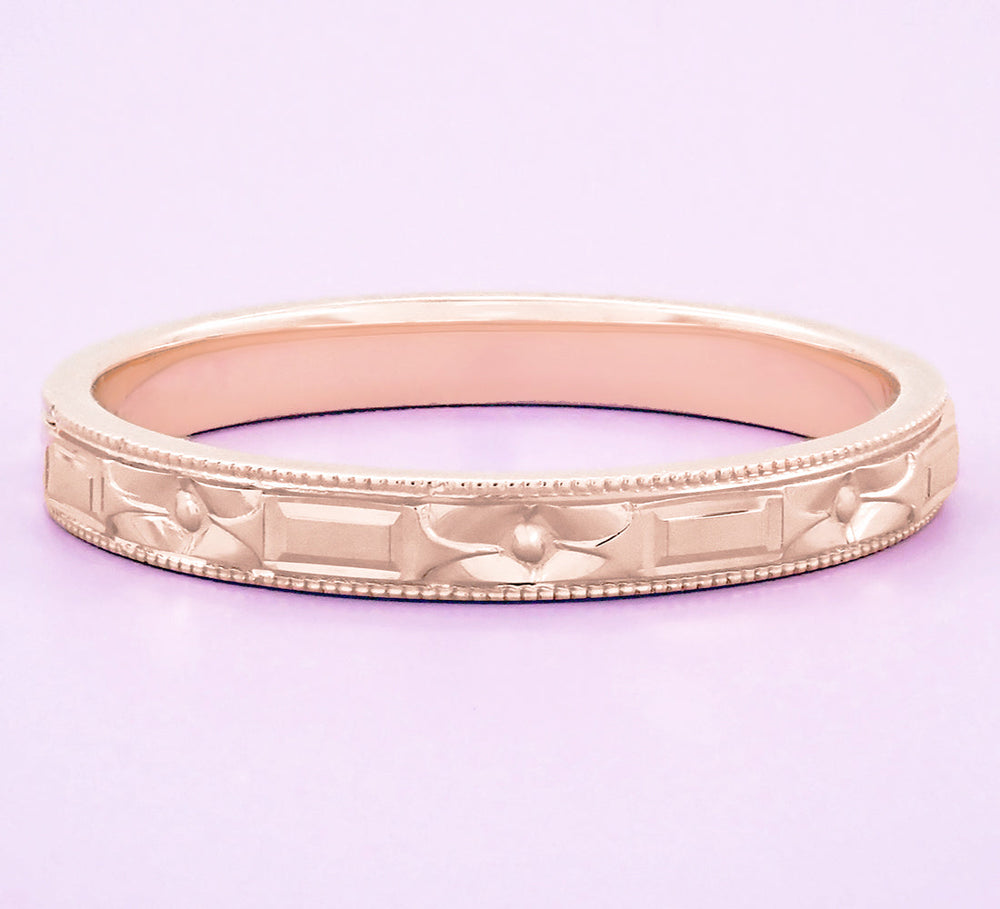 Art Deco 1920's Style 14 Karat Rose Gold Flowers and Bars Wedding Band - Item: R638R - Image: 4