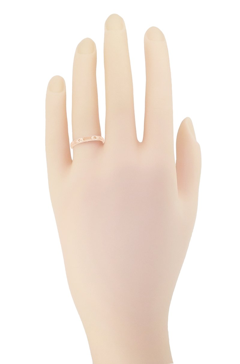 Hand Photo - 2.5mm Low Profile Rose Gold Vintage Wedding Band Floral Carved Art Deco