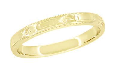 Art Deco Yellow Gold Antique Wedding Ring With Carved Flowers 2.5mm R638Y