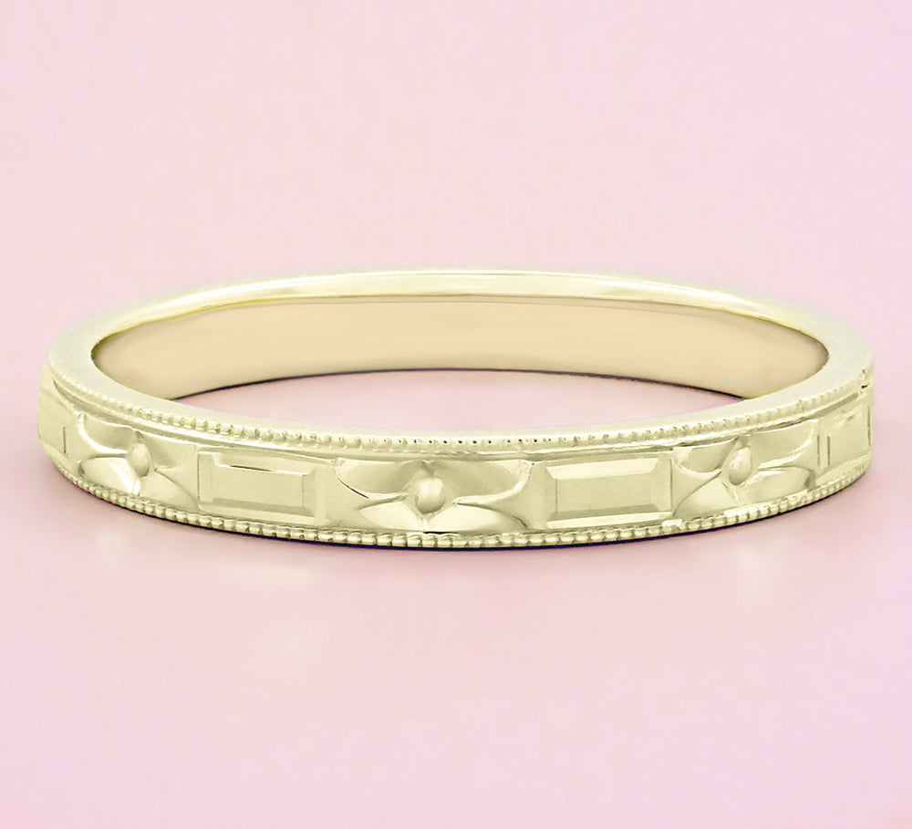 Art Deco Yellow Gold Carved Flowers and Bars Wedding Band - Item: R638Y10 - Image: 4