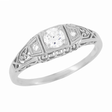 Dainty Art Deco Filigree Diamond Engagement Ring in 14 Karat White Gold
