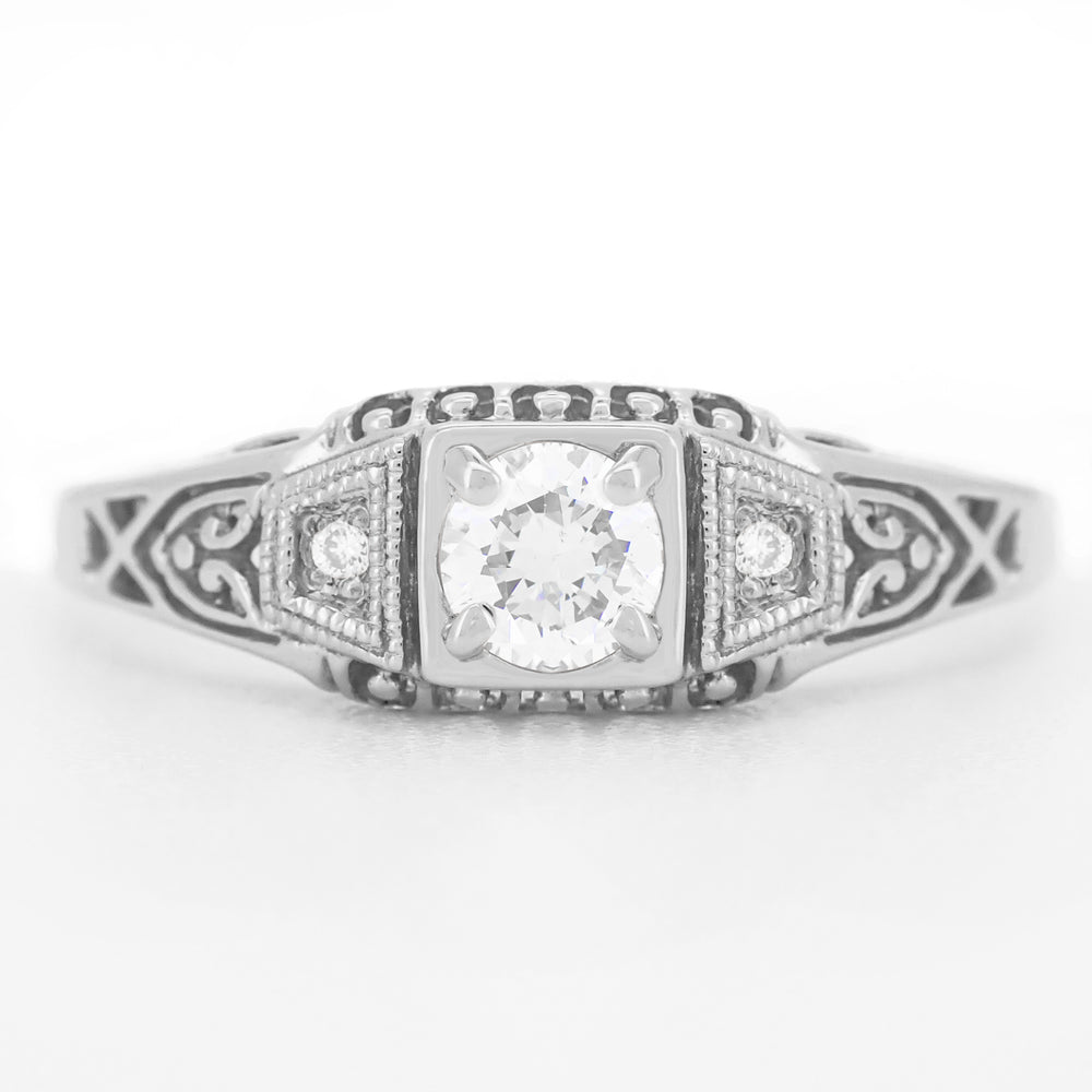 Dainty Art Deco Filigree Diamond Engagement Ring in 14 Karat White Gold - Item: R640 - Image: 4