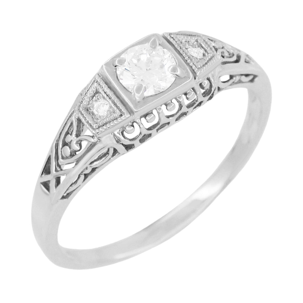 Dainty Art Deco Filigree Diamond Engagement Ring in 14 Karat White Gold - Item: R640 - Image: 3