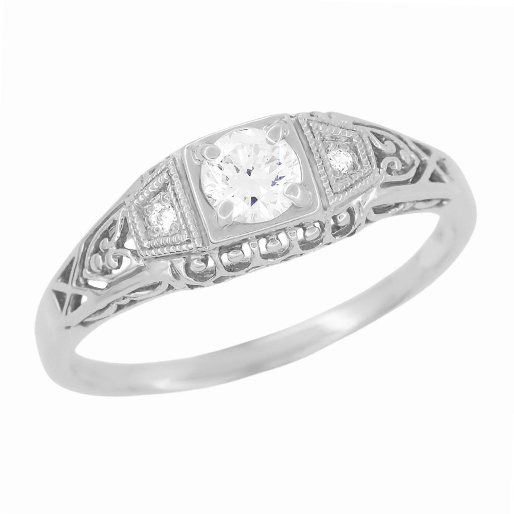 Art Deco Filigree 1/4 Carat Natural Diamond Platinum Engagement Ring - Low Profile - Item: R640P - Image: 3
