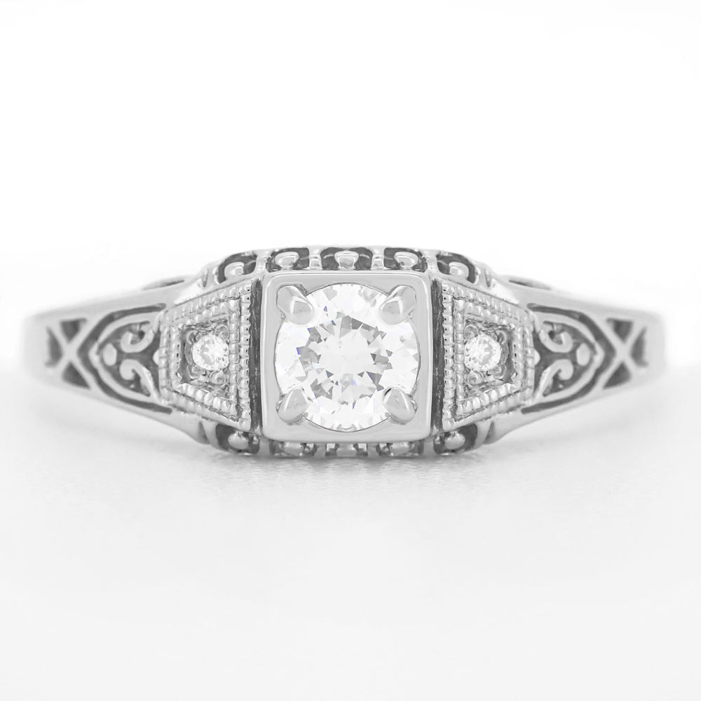 Art Deco Filigree 1/4 Carat Natural Diamond Platinum Engagement Ring - Low Profile - Item: R640P - Image: 4