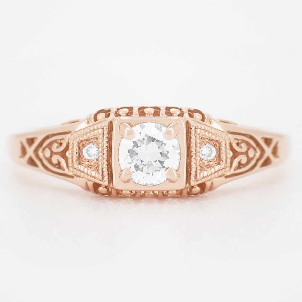 Art Deco Filigree Diamond Engagement Ring in 14 Karat Rose ( Pink ) Gold - Item: R640R - Image: 4