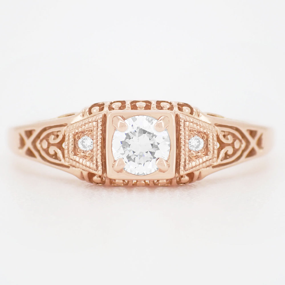 Art Deco Filigree Diamond Engagement Ring in 14 Karat Rose ( Pink ) Gold - Item: R640R - Image: 4