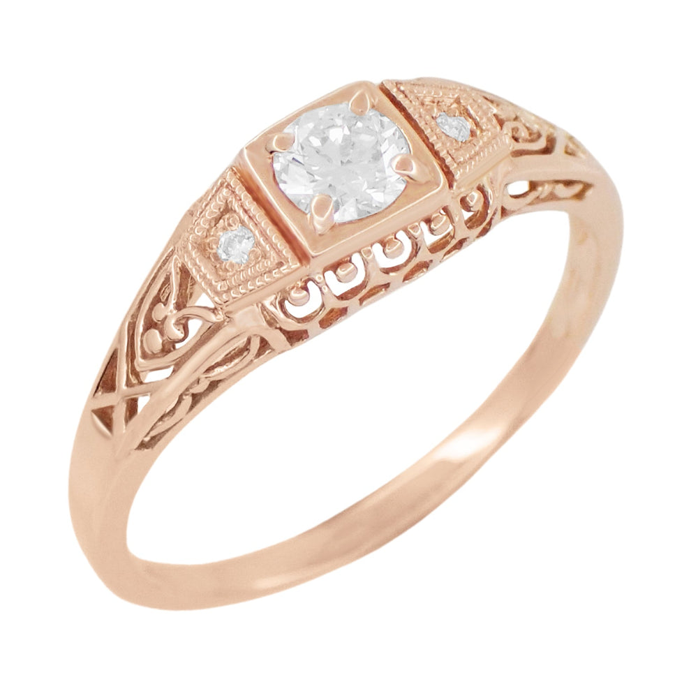 Art Deco Filigree Diamond Engagement Ring in 14 Karat Rose ( Pink ) Gold - Item: R640R - Image: 3