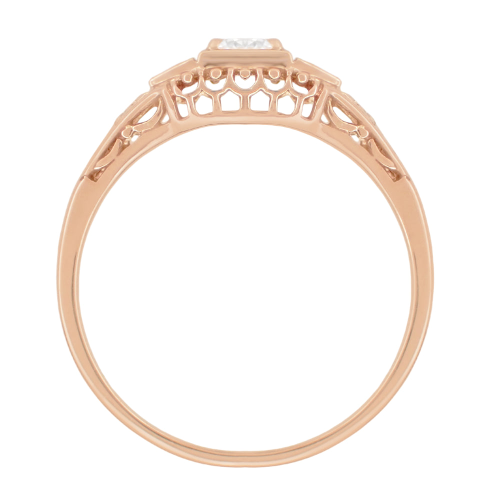 Art Deco Filigree Diamond Engagement Ring in 14 Karat Rose ( Pink ) Gold - Item: R640R - Image: 2