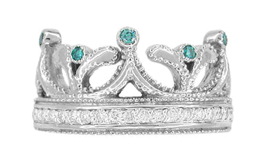Regal Crown Ring in White Gold with Blue Diamonds and White Diamonds
