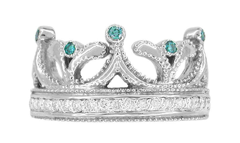 Regal Crown Ring in White Gold with Blue Diamonds and White Diamonds