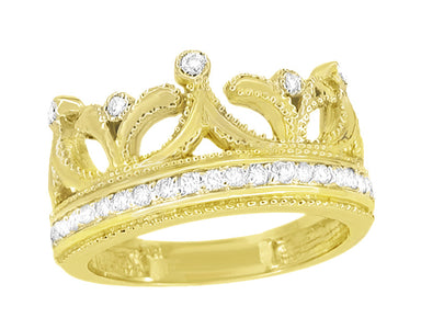Yellow Gold Ashton Royal Crown Ring with Diamonds - 14K or 18K