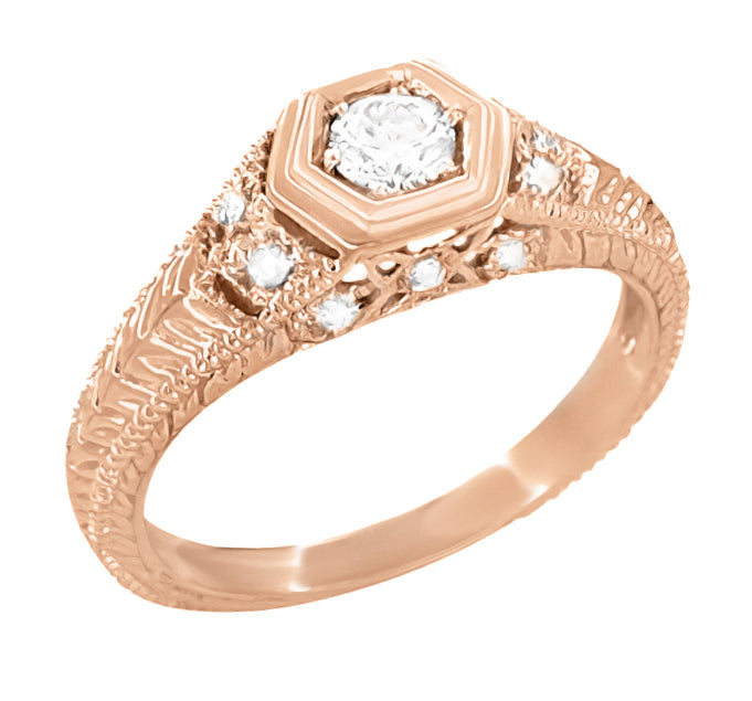 Rose Gold Art Deco Filigree Antique Style Carved Hexagon 1/4 Carat Diamond Engagement Ring
