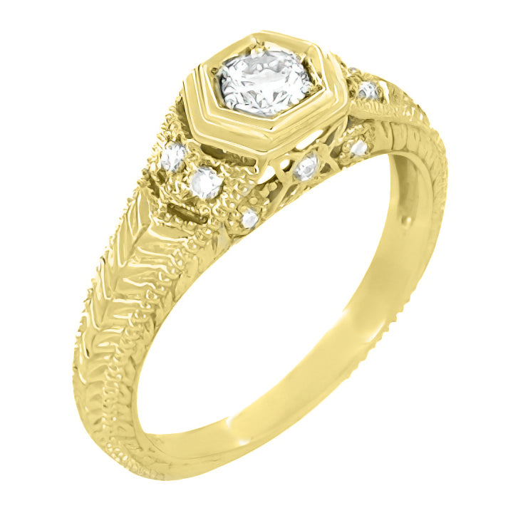 Art Deco Filigree Engraved Hexagon Yellow Gold Vintage Style Diamond Engagement Ring - 1/3 Carat T.W. - Item: R646Y10-LC - Image: 2