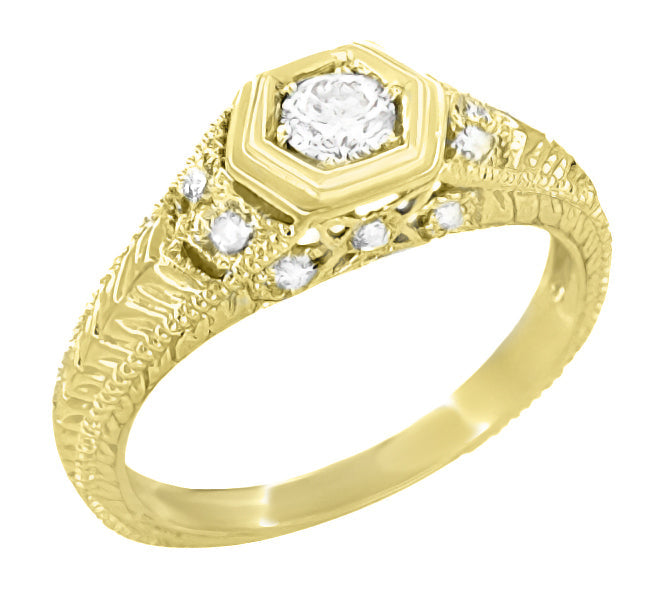 Art Deco Filigree Engraved Hexagon Yellow Gold Vintage Style Diamond Engagement Ring - 1/3 Carat T.W. - Item: R646Y10-LC - Image: 3