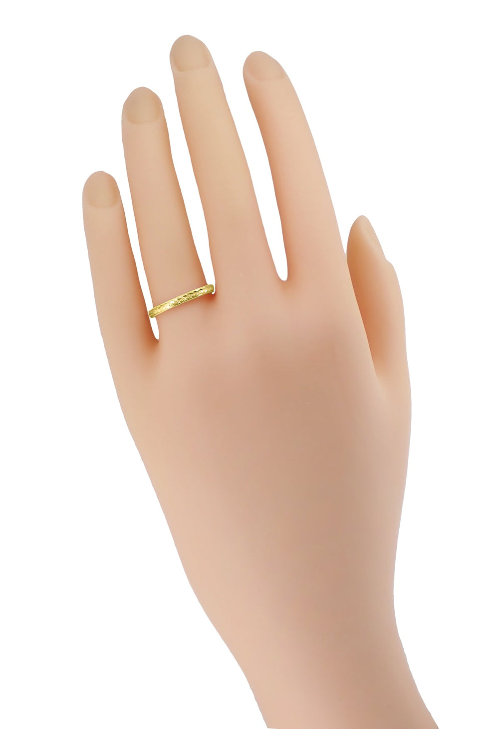 Art Deco Hand Engraved Wheat Yellow Gold Vintage Style Domed Wedding Band with Milgrain - 2.5mm Wide - 14K or 18K - Item: R652Y10 - Image: 3
