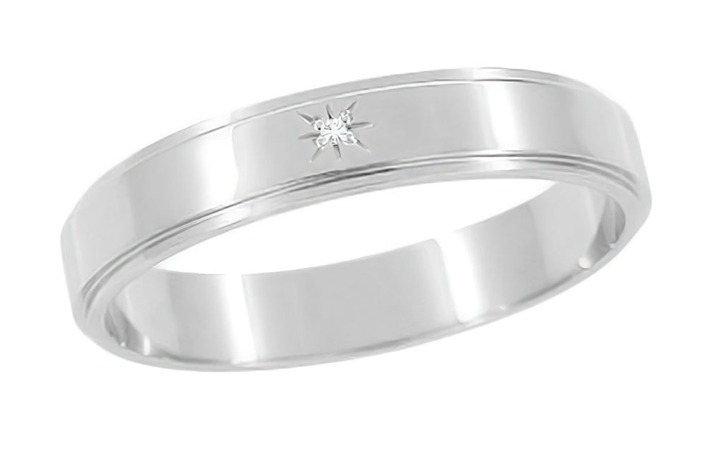 Vintage Mid Century Modern Starburst Single Diamond Mens Wedding Band 14K White Gold - R653