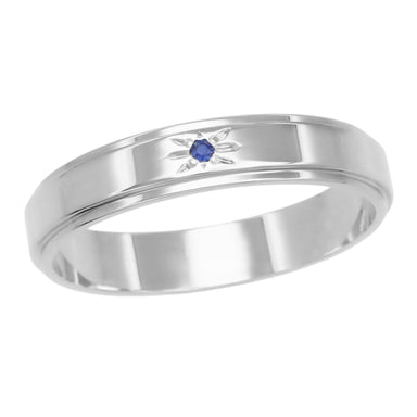 Starburst Grooved Edge 1950's Blue Sapphire Wedding Band in 14K White Gold - 4mm Wide