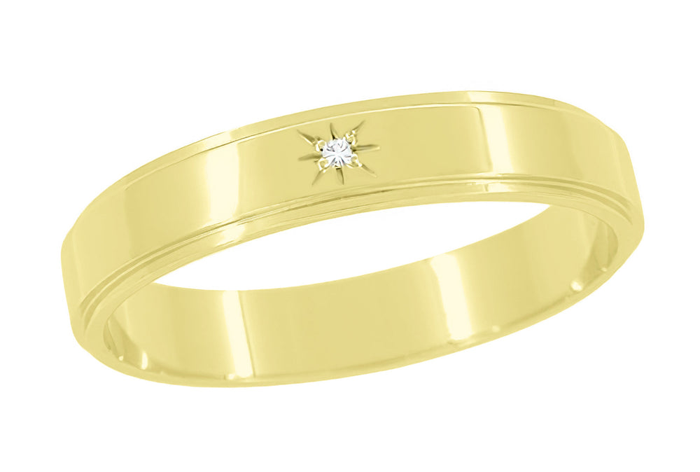 1950's Yellow Gold Grooved Edge Vintage Style Starburst Diamond Wedding Band - 4mm Wide - 14K or 18K