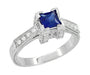Art Deco 1/2 Carat Square Princess Cut Sapphire and Diamond Engagement Ring in 18 Karat White Gold
