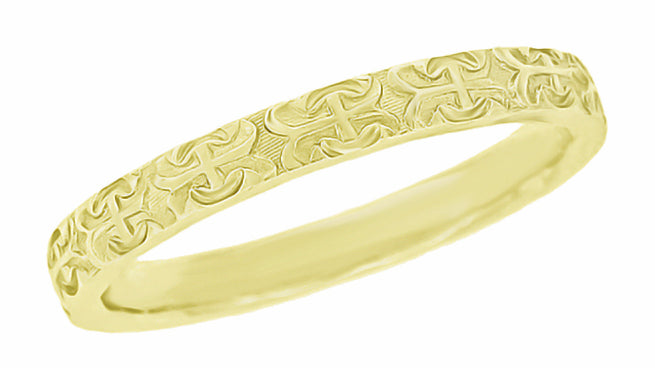 Mid Century Modern Vintage Yellow Gold Wedding Band with Engraved Cross and Anchor - 14K and 18K - R667Y