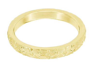 Yellow Gold Hawaiian Hibiscus Flowers Heirloom Carved Wedding Ring - 3mm Wide - alternate view