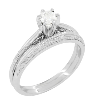 Art Deco Engraved Scrolls Diamond Engagement Ring and Wedding Ring Set in White Gold - alternate view