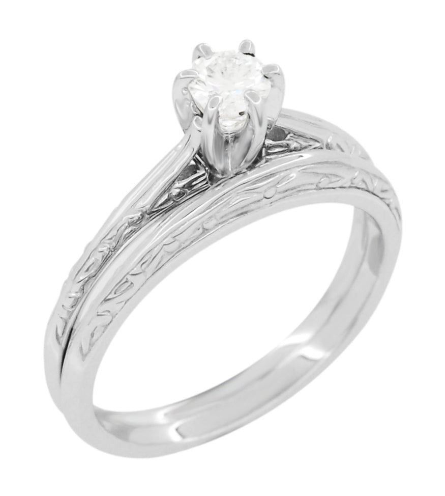 Art Deco Engraved Scrolls Diamond Engagement Ring and Wedding Ring Set in White Gold - Item: R670W10-LC - Image: 2