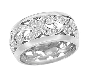 Retro Moderne Scrolls and Leaves Engraved Filigree 8.5mm Wide Wedding Ring in White Gold - Size 5.5