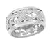 Retro Moderne Scrolls and Leaves Engraved Filigree 8.5mm Wide Wedding Ring in White Gold - Size 5.5