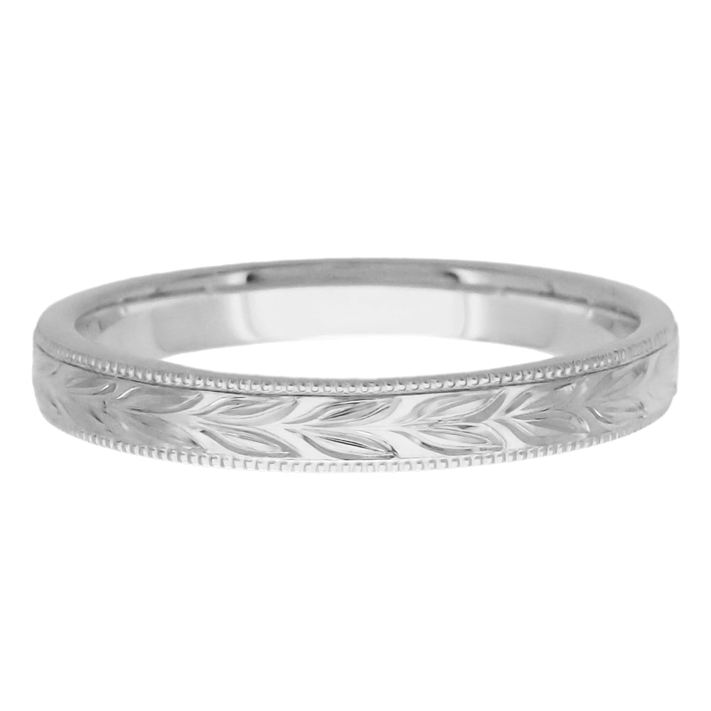 Art Deco Hand Carved Hawaiian Maile Leaves Wedding Band in White Gold - 10K, 14K or 18K - Item: R719W10 - Image: 3