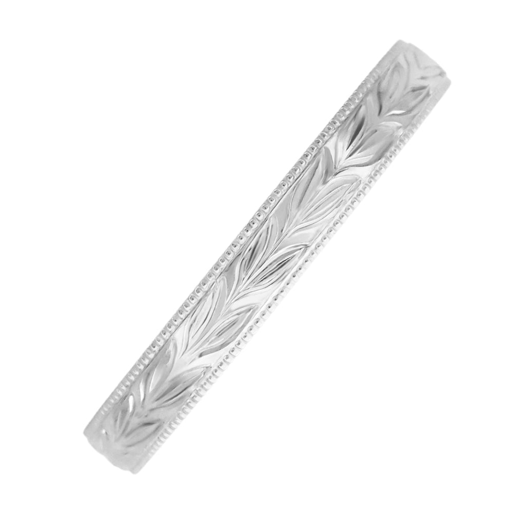 Art Deco Hand Carved Hawaiian Maile Leaves Wedding Band in White Gold - 10K, 14K or 18K - Item: R719W10 - Image: 4