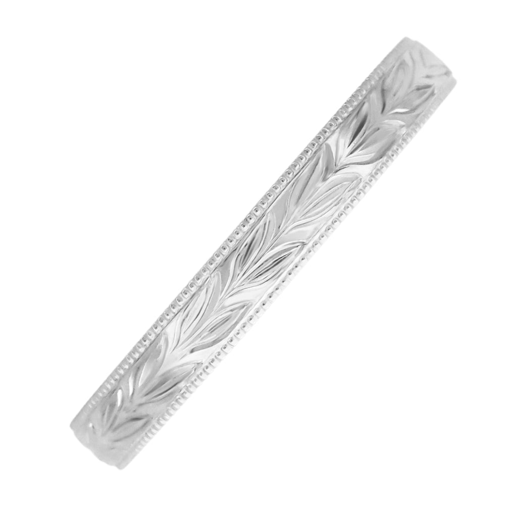 Platinum Antique Inspired Art Deco Hand Engraved Hawaiian Maile Leaves Wedding Ring - Item: R719P - Image: 5