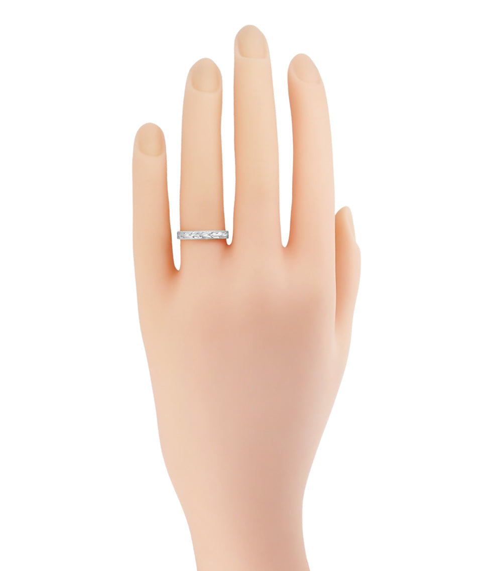 Platinum Antique Inspired Art Deco Hand Engraved Hawaiian Maile Leaves Wedding Ring - Item: R719P - Image: 6
