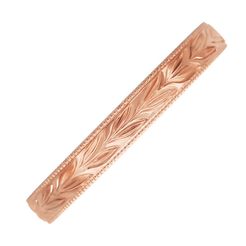 Antique Style Hand Engraved Hawaiian Maile Leaves Wedding Band in 14 Karat Rose Gold - 3mm Wide - Item: R719R - Image: 3
