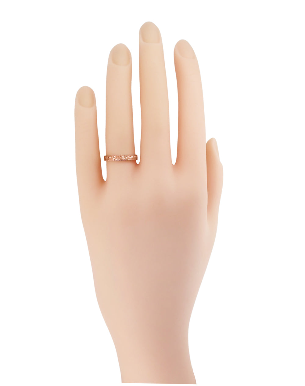 Antique Style Hand Engraved Hawaiian Maile Leaves Wedding Band in 14 Karat Rose Gold - 3mm Wide - Item: R719R - Image: 6