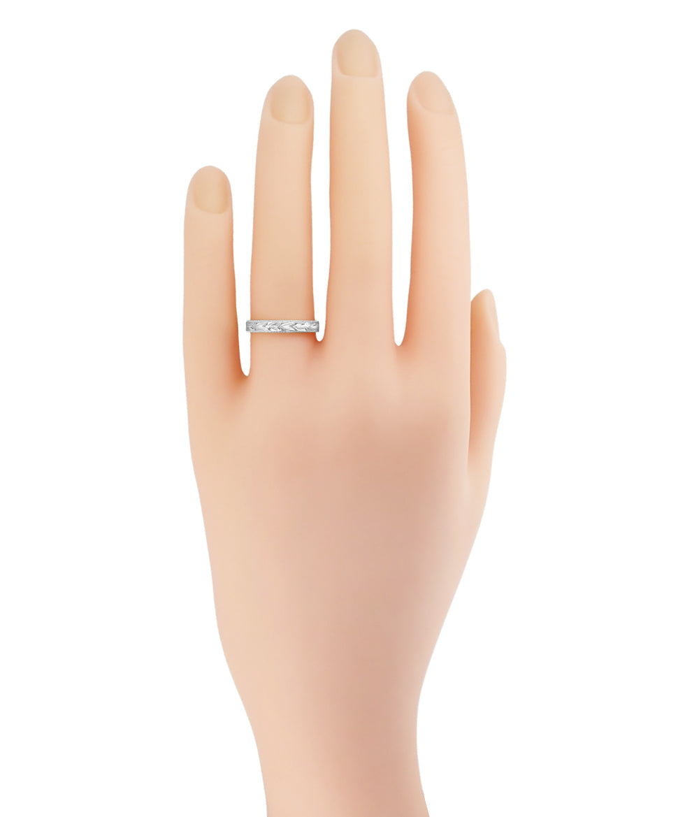 Art Deco Hand Carved Hawaiian Maile Leaves Wedding Band in White Gold - 10K, 14K or 18K - Item: R719W10 - Image: 6