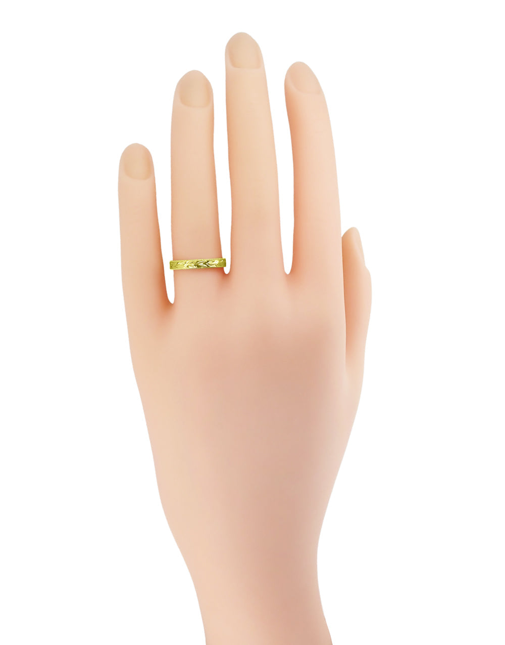 Yellow Gold Vintage Inspired Hand Carved Hawaiian Maile Leaves Wedding Band - 10K, 14K or 18K - Item: R719Y10 - Image: 6